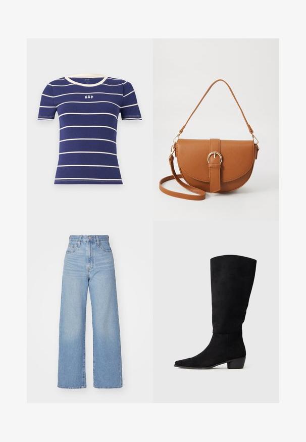 Tamsiai mėlynas trumpomis rankovėmis marškinėliai su horizontaliais baltais dryžiais, su apvaliu gumuotu kaklu ir balta "GAP" užrašu priekyje.; Šviesiai mėlynos aukšto liemens plačios kojos džinsai su priekiniais užtrauktukais ir sagom, priekinėmis ir galinėmis kišenėmis, ant baltos fono.; Juoda zomšinė iki kelio batai su žemu blokiniu kulnu ir smailiu pirštu, pateikta šoninėje pusėje ant paprasto šviesiai pilko fono.; Ruda odinė kryžminė rankinė, turinti kreivą formą, auksinius metalinius elementus ir sagtį. Yra nuimama petneša.