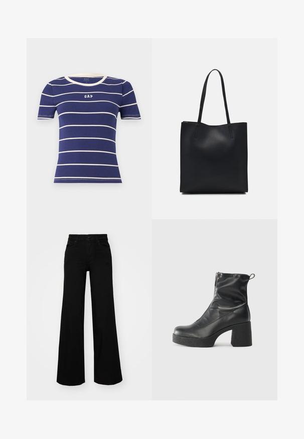 Námořnická modrá pánská tričko s krátkým rukávem a horizontálními bílými pruhy, s kulatým žebrovaným výstřihem a bílým logem "GAP" na přední straně.; Černé široké kalhoty vyrobené z denimu, s pevným pasem, poutky na opasek a předními kapsami. Hladká textura s klasickým designem.; Černé kotníkové boty vyrobené z hladké kůže, s bočním zipem, robustním strukturovaným podpatkem a kulatou špičkou.; Černá kožená taška přes rameno s hladkým povrchem, obdélníkovým tvarem a dvěma dlouhými uchy. Žádné viditelné kování ani ozdoby.