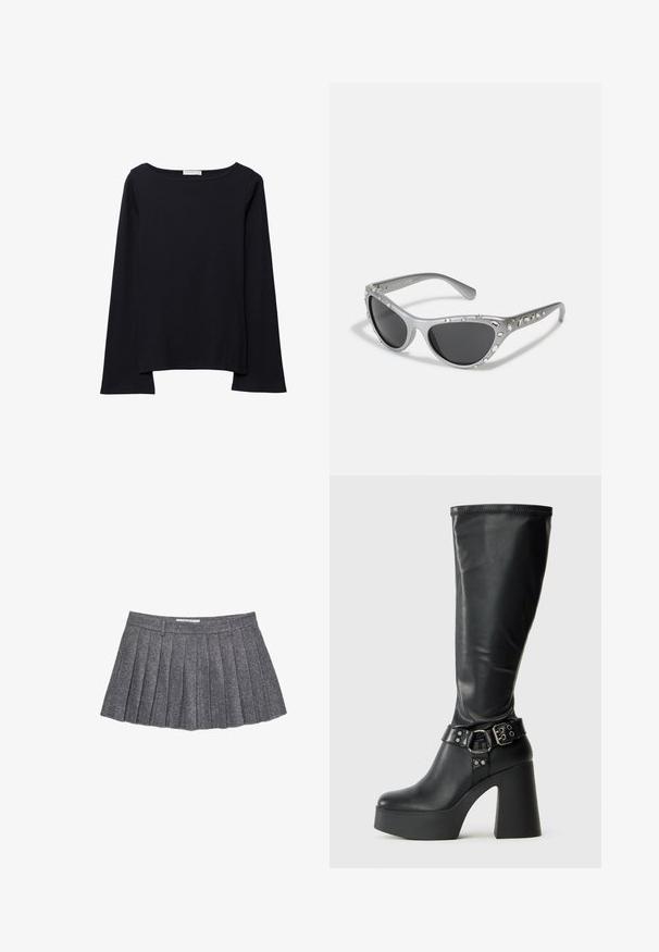 Črna dolga majica z dolgimi rokavi, izdelana iz mehkega bombaža. Ima širok izrez, sproščen kroj in rahlo razširjene rokave. Brez vidnih vzorčev ali dodatkov.; Siva plisirana krila iz teksturiranega materiala. Ima prilega pas in več navpičnih plis, kar ustvarja strukturirano silhueto.; Črne visoke platform čizme do kolen z sijočo površino, z širokim blokastim peto in poudarjenim pasom s spono okoli gležnja.; Srebrne mačkaste sončne očala s temnimi lečami, okrašena s prozornimi kamenčki ob okvirju. Mat končnica z ukrivljenim dizajnom tempelj.; Črna torbica v obliki polmeseca z živopisnim cvetličnim potiskom in zanko na ročajih, ki vsebuje majhen kovinski logotip v spodnjem desnem kotu.