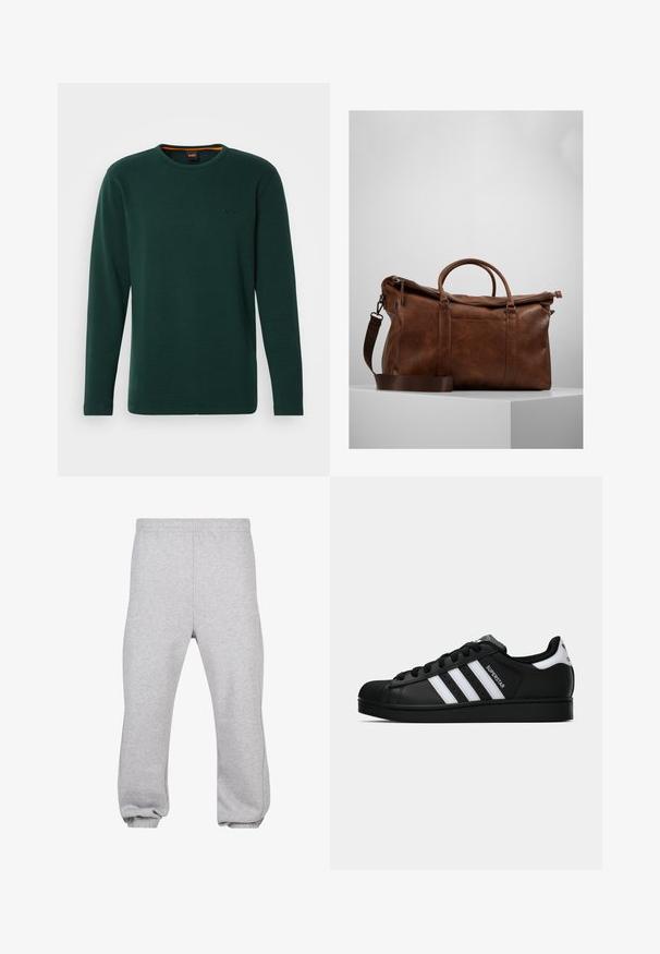 Žalios spalvos ilgomis rankovėmis termo marškiniai, pagaminti iš tekstūrinio audinio, su apvalia iškirpte ir iškilmingu logotipu kairėje krūtinėje. Pabrėžti oranžiniu vidiniu apykakle.; Pilkos medvilnės mišinio sportinės kelnės, su elastingu juosmeniu, siaurėjantys modeliai ir atsispaudžiamų kraštų. Paprastas dizainas be raštų.; Juodos „Adidas Superstar“ sportbačiai su baltais dryžiais, šonine kriaukle ir „Superstar“ tekstu šone, rodomi šoniniame profilyje ant balto fono.; Ruda odinė sportinė kuprinė su užtrauktuku, dviem rankenomis, reguliuojamu peties diržu ir matomais tekstūros raštais paviršiuje.