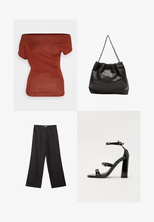 Rød off-shoulder top lavet af let stof. Har et elegant design med diskret drapering og korte ærmer. Glat texture.; Sorte bukser med vidde, lavet af glat stof, med en frontlynlås og to sidelommer, i en skræddersyet pasform og minimalistisk design.; Sorte patenterede hælsandaler med firkantet tå, ankelremme og sølvspænder. Har en chunky blokHæl for stabilitet.; Brun lædertaske med en rynket top og en kædestrop. Glat tekstur med en blank finish og subtile sømdetaljer på siderne.