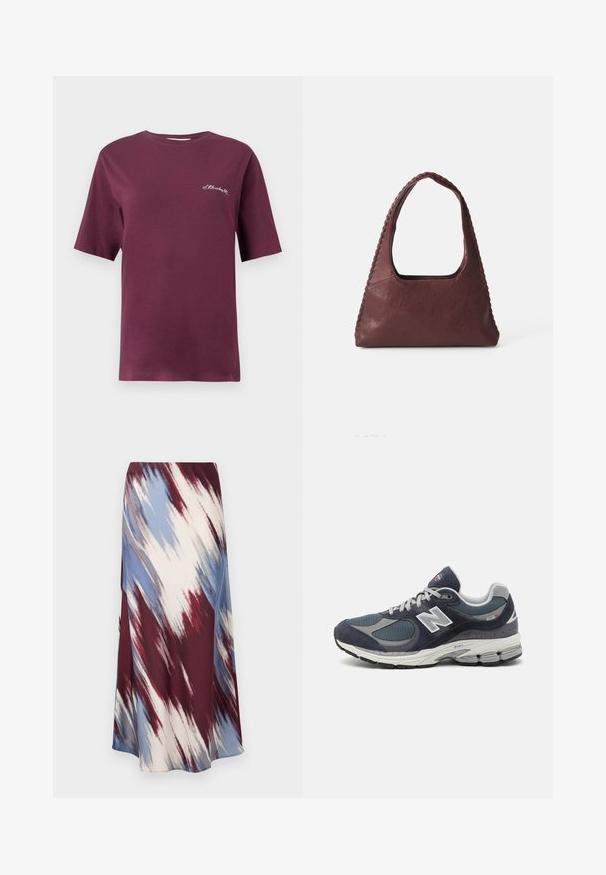 Bordeaux katoen T-shirt met korte mouwen, ronde hals en kleine witte geborduurde tekst aan de voorkant. Soepele textuur en een relaxte pasvorm.; Lange rok met een diagonaal tie-dye patroon in bordeauxrood, blauw en crème, gemaakt van zachte stof met een vloeiende silhouet en een lichte glans.; New Balance sneakers met een marineblauwe mesh en suede bovenkant, grijze accenten, wit logo, gevoerde zool en gestructureerde details.; Bordeaux leren handtas met een driehoekige vorm, open bovenkant en vlechtwerk langs de handgreep. Soepele textuur met een matte afwerking.