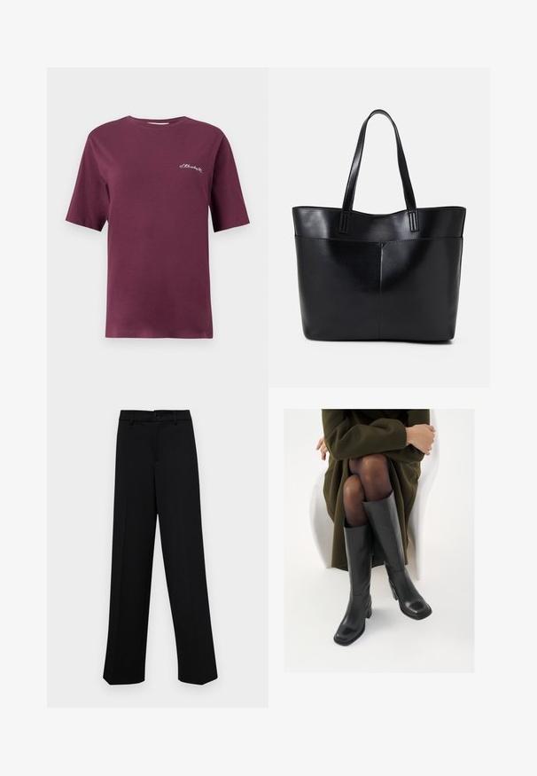 Burgundy cotton T-shirt with short sleeves, crew neck, and small white embroidered text on the front. Smooth texture and relaxed fit.; Black wide-leg trousers made of smooth fabric, featuring a classic waistband with a button closure and front pleats.; Knee-high black leather boots with a squared toe and block heel, shown with a model seated in an olive green coat. Smooth texture, minimal detailing.; Black leather tote bag with two long handles, a smooth texture, and a structured shape. Features a front pocket for additional storage.