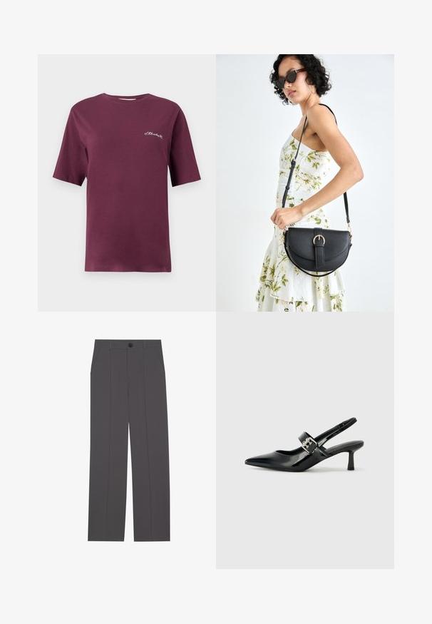 Burgundi színű pamut póló rövid ujjakkal, kerek nyakkivágással és apró fehér hímzett szöveggel az elején. Sima textúra és laza fazon.; Szürke nadrág egyenes lábformával, két oldalsó zsebbe és gombos záródással. Simább anyag, látható minták vagy díszítés nélkül.; Fekete lakkbőr slingback sarkú cipők hegyes orral és kis blokk talppal, ezüst csat díszítéssel a pánton.; Fekete bőrtáska ívelt formával, levehető pánttal és arany színű fémrészekkel. A táskán egy csattal díszített fedél található.