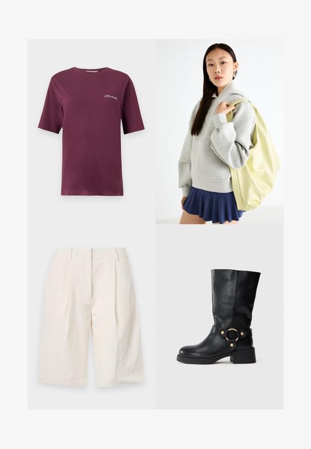 Bordová bavlnená tričko s krátkym rukávom, okrúhlym výstrihom a malým bielym vyšitým textom na prednej strane. Hladká textúra a voľný strih.; Biele ľanové šortky s precízne navrhnutým strihom, s plisovaným predným dielom a širokými otvormi na nohách. Hladká textúra a dĺžka po stred stehna.; Čierna kožená čižma po členky s mohutným podpätkom a dekoračným pásom s zlatou kruhovou prackou na bielom pozadí.; Sivá oversized mikina s klokanským vreckom, skombinovaná s námorníckou rozšírenou sukňou. Doplnok: veľký svetložltý batoh s hladkým povrchom.