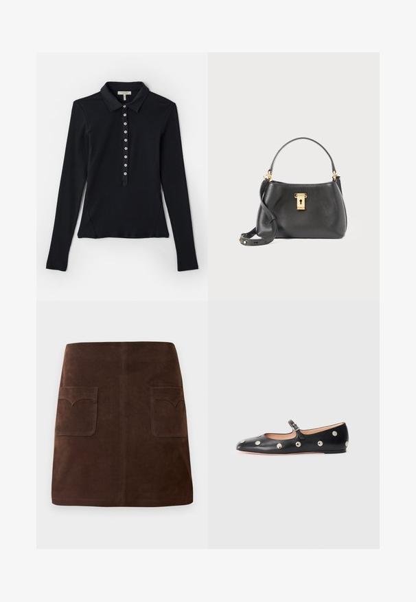 Black long-sleeve polo shirt with a ribbed texture, button-down front closure, and slim fit design. Features a classic collar and side slits.; Brown suede skirt featuring a classic A-line shape, two front pockets with rounded flaps, and subtle stitching details.; Black leather Mary Jane flat shoe with a rounded toe, featuring silver circular studs and an adjustable strap with a buckle.; Black leather handbag with a textured finish, featuring a gold lock closure, short handle, and a detachable shoulder strap.