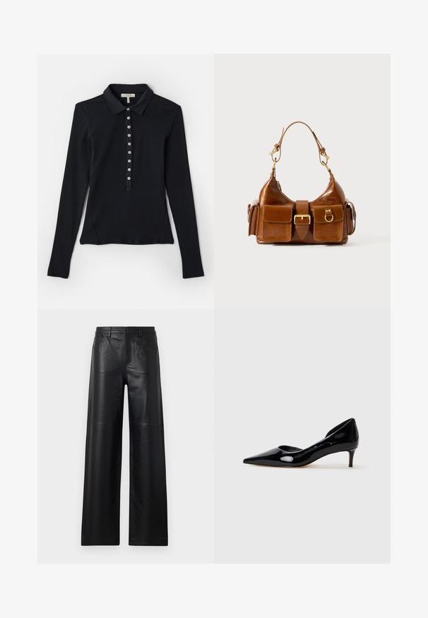 Polo noir à manches longues avec une texture côtelée, fermeture à boutons sur le devant et design ajusté. Comprend un col classique et des fentes sur les côtés.; Pantalons en cuir noir à jambes larges avec une texture lisse, dotés de poches avant, d'une fermeture par bouton et de détails de couture subtils.; Escarpin pour femme en cuir verni noir, à bout pointu et talon kitten bas, présenté de profil sur fond gris clair uni.; Sac à main en cuir marron avec une forme courbée, deux ferrures en or, deux poches avant et une large bandoulière. Texture lisse avec une finition élégante.