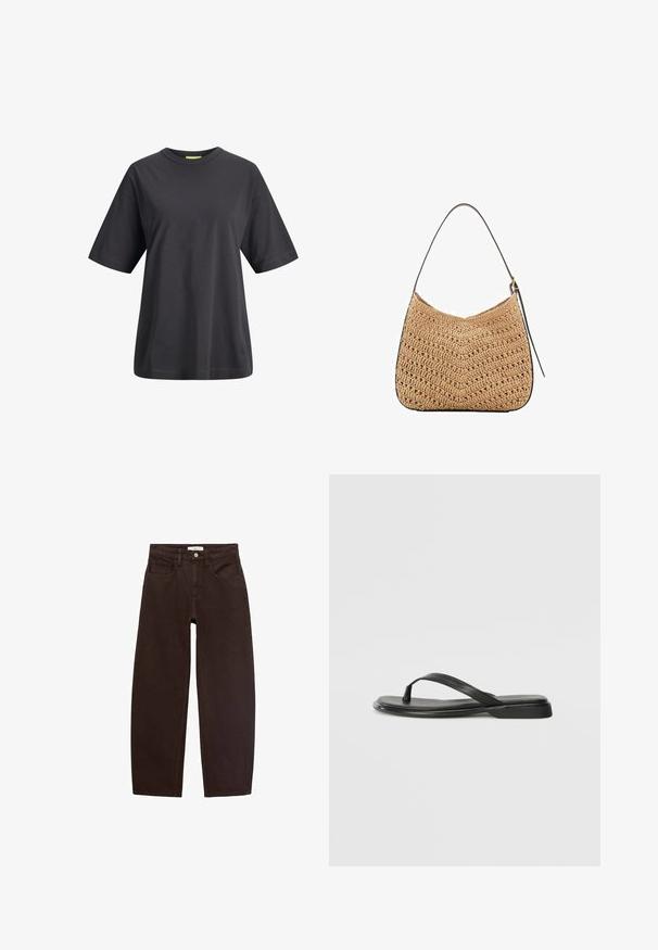 Černé bavlněné tričko s kulatým výstřihem, krátkými rukávy a volným střihem. Hladká textura a jednoduchý design bez potisků nebo vzorů.; Hnědé džíny z denimu s volným střihem, obsahující pět kapes, poutka na pásek a klasický zip. Hladký povrch a rovný střih nohavic.; Černé žabky vyrobené z hladké kůže, s tenkým designem popruhu a plochou podrážkou s minimálním profilem. Žádné výrazné vzory ani akcenty.; Tkaná slaměná taška na rameno s zakřiveným tvarem, která má tmavý kožený popruh a texturovaný povrch s chevronovým vzorem.