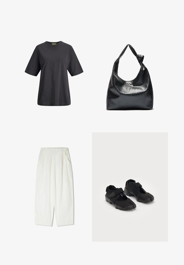 Zwarte katoenen t-shirt met ronde hals, korte mouwen en een ontspannen pasvorm. Glad textuur en eenvoudig ontwerp zonder prints of patronen.; Losse, knielange witte broeken gemaakt van een lichte stof, met zijzakken en een gegomde elastische tailleband.; Zwarte waterschoenen gemaakt van flexibel materiaal met een klittenbandsluiting, met een unieke gesplitste te ontwerpen en een rubberen zool met textuur voor grip.; Zwarte geweven lederen handtas met een slouchy ontwerp, voorzien van een geknoopte schouderband en een kleine decoratieve gouden stud aan de bovenkant.