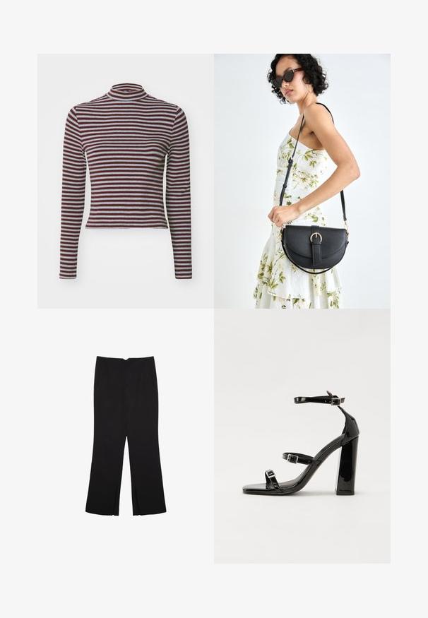 Levi's® EEFFORTLESS TEE - Langarmshirt - burgundy; Schwarze Hose mit geradem Schnitt, ausgestattet mit Fronttaschen und Seitenschlitzen am Saum. Hergestellt aus weichem, glattem Stoff. Geeignet für verschiedene Anlässe.; Schwarze Lackleder-Sandalen mit hohen Absätzen, zwei Riemen mit Schnallen, quadratischer Zehenpartie und klobigem Blockabsatz, mit einer glatten, glänzenden Textur.; Schwarze Lederhandtasche mit geschwungener Form, abnehmbarem Tragegurt und goldenen Beschlägen. Die Tasche verfügt über einen Deckel mit einer Schnallen-Details.