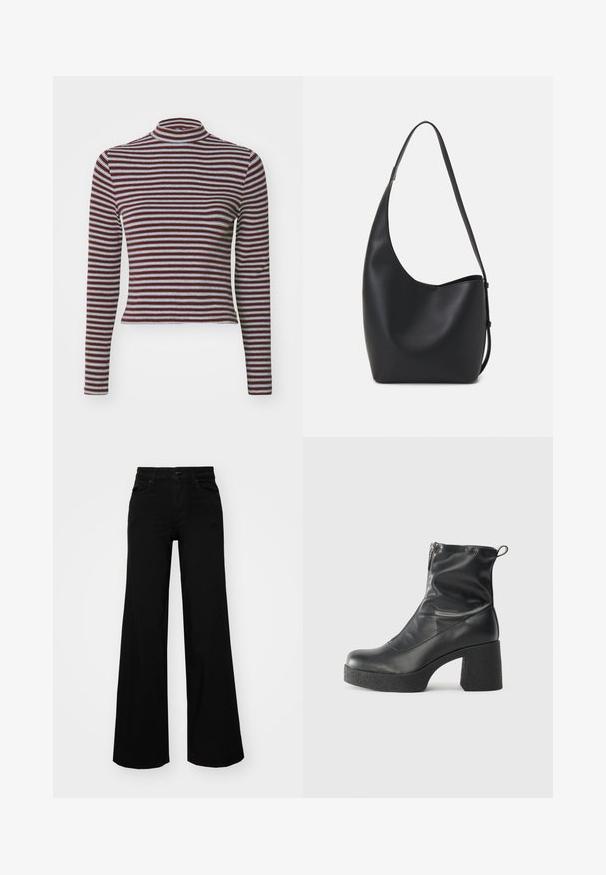 Levi's® EEFFORTLESS TEE - Topper langermet - burgundy; Svart vide bukser laget av denim, med en strukturert midjebånd, beltestropper og frontlommer. Glatt tekstur med et klassisk design.; Svarte ankelstøvler laget av glatt lær, med glidelås på siden, chunky strukturert hæl, og rund tå-design.; Svart lær hobo-veske med glatt tekstur, buet form og enkelt justerbart stropp; har en bred åpning på toppen.
