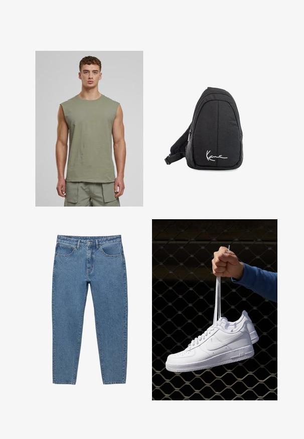 Urban Classics OPEN EDGE SLEEVELESS - Top - paleolive; Blaue Jeans aus Denim mit geradem Beinanschnitt, fünf Taschen und einem Reißverschluss. Merkmale sind sichtbare Nähte und eine ausgewaschene Textur.; Weiße Leder-Sneaker mit Perforationen, runder Zehenpartie, flacher Sohle und dicken Schnürsenkeln, mit sichtbar eingesticktem Swoosh-Logo und "AIR" an der Ferse.; Schwarzer Stoff-Sling-Rucksack mit glatter Textur, gekennzeichnet durch ein geschwungenes Design, ein Reißverschlussfach und einem weißen Logo auf der Vorderseite.