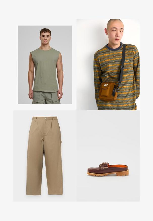 Urban Classics OPEN EDGE SLEEVELESS - Top - paleolive; Beige wide-leg trousers made of cotton blend, featuring a high waist, front pleats, and two side pockets with a button closure.; Brown leather slip-on shoe with a rounded toe, textured stitching detail, gold eyelets, and a tan, ridged outsole. Interior features bright orange.; Brown fabric crossbody bag with zipper and front pocket; worn over a gray and orange striped long-sleeve shirt with logo patch.