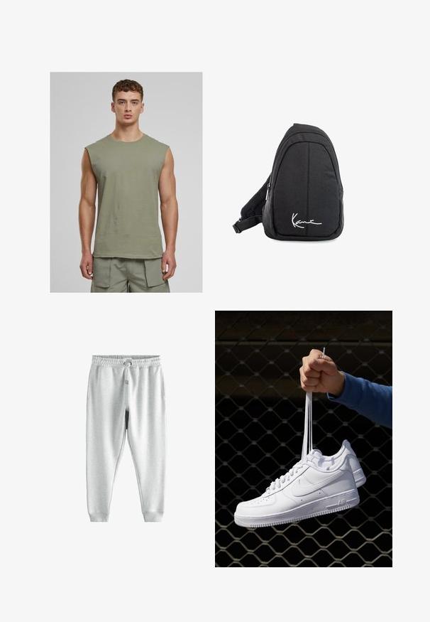 Urban Classics OPEN EDGE SLEEVELESS - Top - paleolive; Gray sweatpants with a drawstring waistband, two side pockets, and fitted ankles, made from soft, textured fabric.; White leather sneakers with perforations, round toe, flat sole, and thick laces, featuring a visible swoosh logo and "AIR" on the heel.; Black fabric sling backpack with a smooth texture, featuring a curved design, zippered compartment, and a white logo on the front.