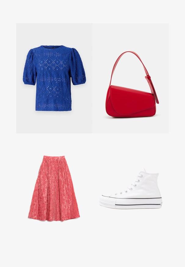 Zila mežģīņu blūze ar īsām uzpūstām piedurknēm, ar dimanta un apļa rakstu, apaļu kakla izgriezumu un vieglu, tekstūrētu dizainu.; Ziedu blūze ar garām pūkām, gaiši krēmveida pamatne, ar purpursarkanām, oranžām un zaļām ziedu rakstiem, kā arī klasisko apkakles dizainu.; Plūstoša korallkrāsas maxi svārki, kas izgatavoti no teksturēta auduma, ar ziedu rakstu un mazām baltām akcentiem, kā arī ieplākstēm apjomam.; Balti augstie kanvas sporta apavi ar melnu gumijas zoli, priekšējo gumijas purngalu un sešām acīm lencēm, kuriem ir tīrs, minimālistisks dizains.; Sarkans ādas rokassomi ar stūrainu, ģeometrisku dizainu. Iekļauj vienu regulējamu siksnu un vāku ar izšūtu detaļu.