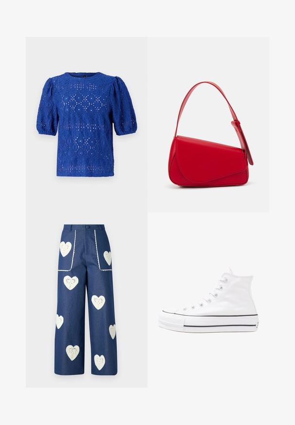 Mėlynas nėriniuotas bluzonas su trumpomis pūstomis rankovėmis, kuriame yra deimanto ir apvalus raštas, apvaliu iškirpimu ir lengvu, tekstūriniu dizainu.; Sister Jane HEART TO HEART - Tiesaus kirpimo džinsai - blue denim; Balti aukštakulniai drobės sportbačiai su juodu guminio pado, priekinio guminio piršto dangteliu ir šešiais akytėmis raištams, pasižymintys švariu, minimalistiniu dizainu.; Raudona odinė rankinė su kampuota, geometrine forma. Pasižymi viena reguliuojama dirželiu ir dangteliu su siuvinėtais dekoracijomis.