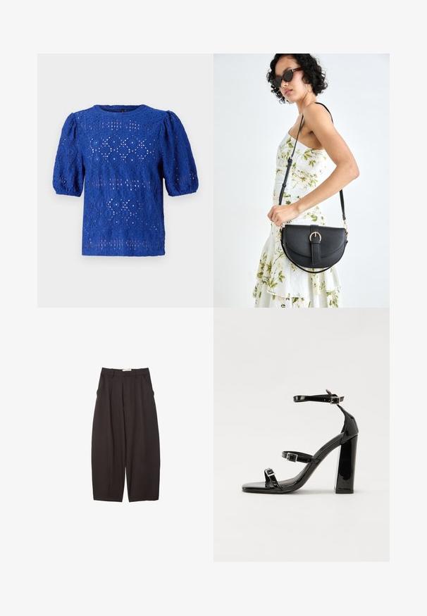 Modrá čipkovaná blúzka s krátkymi nadýchanými rukávmi, so vzorom v tvare diamantu a kruhovým vzorom, okrúhlym výstrihom a ľahkým, textúrovaným dizajnom.; Čierne široké nohavice vyrobené z hladkej tkaniny, s vysokým pásom, prednými skladmi a bočnými vreckami. Jednoduchý dizajn bez ozdôb.; Čierne lakované sandále na vysokom opätku s dvoma prackami, štvorcovou špičkou a hrubým blokovým opätkom, s hladkou, lesklou textúrou.; Čierna kožená kabelka s zaobleným tvarom, odnímateľným popruhom a zlatými doplnkami. Kabelka má klopu s detailom s prackou.