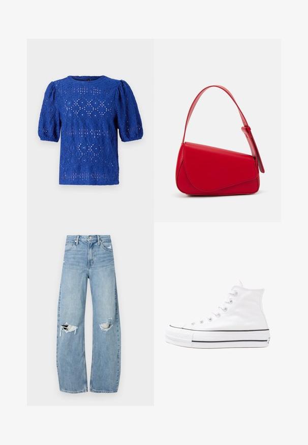 Mėlynas nėriniuotas bluzonas su trumpomis pūstomis rankovėmis, kuriame yra deimanto ir apvalus raštas, apvaliu iškirpimu ir lengvu, tekstūriniu dizainu.; Šviesiai mėlynos, aukštu juosmeniu džinsai pagaminti iš džinsinio audinio. Turi plačias kojų kelnes, dvi suplėšytas kelio vietas ir klasikinį penkių kišenių dizainą.; Balti aukštakulniai drobės sportbačiai su juodu guminio pado, priekinio guminio piršto dangteliu ir šešiais akytėmis raištams, pasižymintys švariu, minimalistiniu dizainu.; Raudona odinė rankinė su kampuota, geometrine forma. Pasižymi viena reguliuojama dirželiu ir dangteliu su siuvinėtais dekoracijomis.