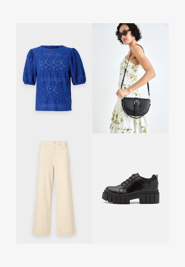 Blusa azul de renda com mangas curtas e bufantes, apresentando um padrão de diamante e circulares, decote redondo e um design leve e texturizado.; Jeans de perna larga bege feitos de algodão. Apresentam um fecho de botão, passadores para cinto e bolsos frontais com uma textura lisa e suave.; Sapatos de plataforma em couro preto com um salto bloco robusto, bico redondo e design clássico de atacadores. Apresentam uma textura suave e detalhes mínimos.; Bolsa de couro preta com forma curva, alça destacável e detalhes em dourado. A bolsa possui uma aba com detalhe de fivela.