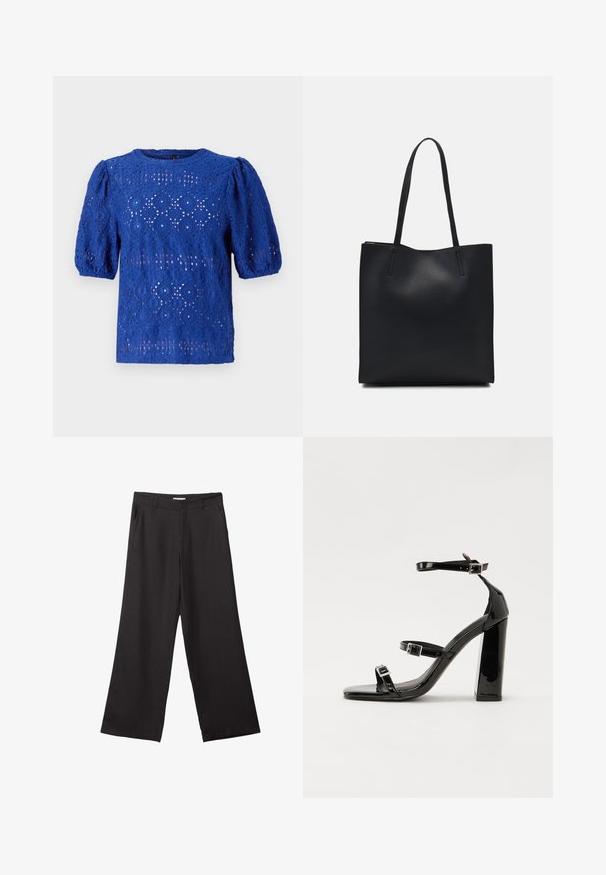 Sininen pitsitoppi, jossa on lyhyet puffihihat, timantin ja ympyräkuvio, pyöreä kaula-aukko ja kevyt, teksturoitu muotoilu.; Mustat leveälahkeiset housut, jotka on valmistettu sileästä kankaasta. Niissä on edessä vetoketju ja kaksi sivutaskua, ja niiden muotoilu on räätälöity ja minimalistinen.; Musta kiiltävä korkokenkä sandaalit neliönmuotoisella varpaalla, nilkkaremmillä ja hopeisilla soljilla. Varustettu tukevalla lohkokorkealla vakauden takaamiseksi.; Mustapahkainen kangaskassi, jossa on sileä pinta, suorakaiteen muotoinen ja kaksi pitkää kahvaa. Ei näkyvää metalliosaa tai koristeita.