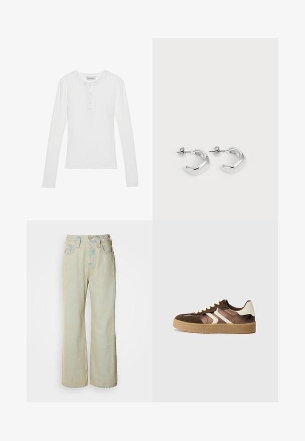 Weißes Langarmhemd mit gerippter Textur, rundem Ausschnitt, Knopfleiste mit drei Knöpfen und weichem Stoff. Markenschild am Kragen sichtbar.; Hellblaue Schlagjeans aus Denim mit hoher Taille, fünf Taschen und subtilen Ausbleichungen sowie kontrastierenden Nähakzenten.; Braune und cremefarbene Sneakers aus einer Kombination von Wildleder und Satin, mit drei diagonalen Streifen und einer strukturierten Gummisohle.; Silberne Creolen mit einer glatten, polierten Oberfläche. Runde Form mit einem leicht geschwungenen Design und abgerundeten Kanten. Sicherheitsverschluss.