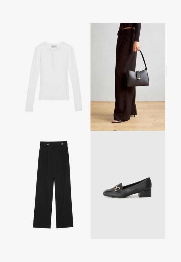 Bijela košulja dugih rukava s rebrastom teksturom, okruglim izrezom, zapinjanjem na tri gumba i mekim materijalom. Oznaka branda vidljiva na ovratniku.; Crne hlače širokih nogavica s visokim strukom, s dugmadi na pojasu i prednjim nabora.; Crne kožne mokasine s ravnim potplatom, s dekorativnim zlatnim detaljem sprijeda i glatkom teksturom.; Crna torba s oblikom koji sadrži strukturu, glađu teksturu i metalnu kopču. Uparena s širokim crnim hlačama i sandalama na otvorenom s drvenog poda.