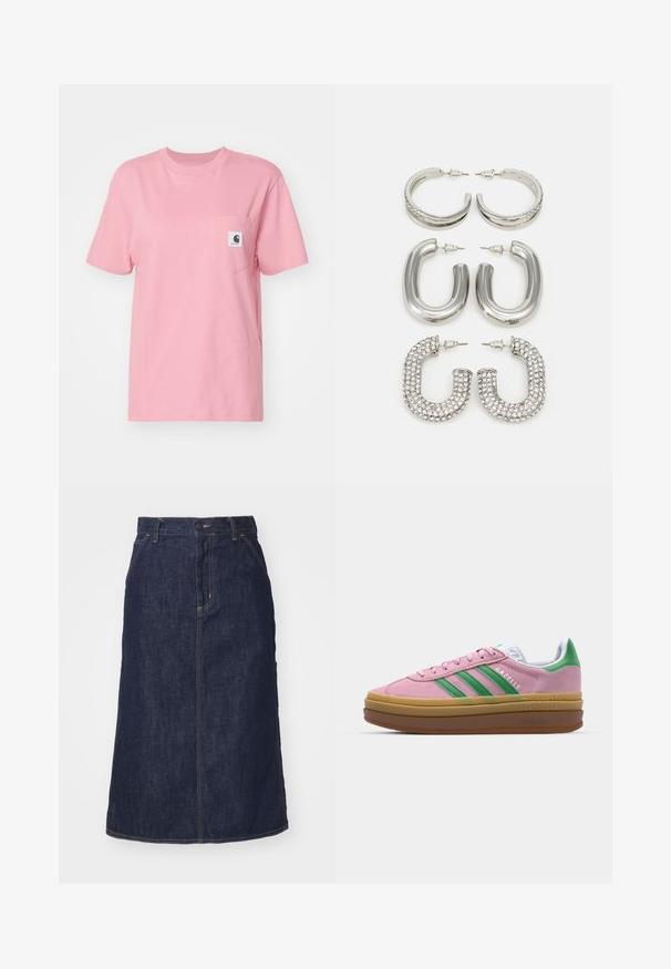 Carhartt WIP POCKET - Basic T-shirt - dusty rose; Dark denim skirt with a high waist, straight cut, front pockets, and stitched seams. Features a zip and button closure at the waist.; Pink suede sneakers with green stripes, white accents, and a brown rubber sole. Features textured fabric and logo detailing on the side.; Four pairs of silver earrings: two shiny smooth hoop designs, one textured, and one covered in small clear rhinestones.