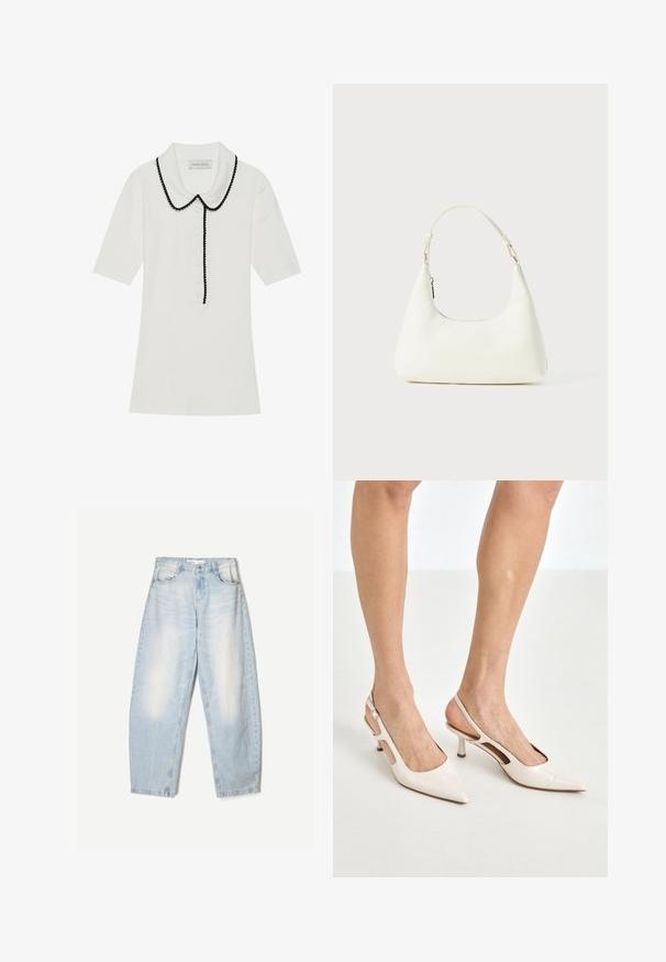 Weißes, geripptes Kurzarmoberteil mit schwarzem, gewelltem Kragen und Knopfverschluss an der Vorderseite. Verfügt über einen strukturierten Stoff und eine maßgeschneiderte Passform.; Weißes Hemd mit klassischem Kragen, langen Ärmeln und lockerer Passform. Hergestellt aus leichtem Stoff mit glatter Textur.; Hellblaue Jeans aus Denim mit lockerer Passform, im ausgewaschenen Finish, zwei Fronttaschen und einem Knopfverschluss am Bund.; Beige Lackleder Slingback-Absätze mit spitzem Fuß und 5 cm Absatz, mit ausgeschnittenen Seiten und einem schmalen Knöchelriemen.; Kleine weiße Schultertasche mit einem verstellbaren Tragegurt und einem Reißverschluss, vor einem schlichten weißen Hintergrund.