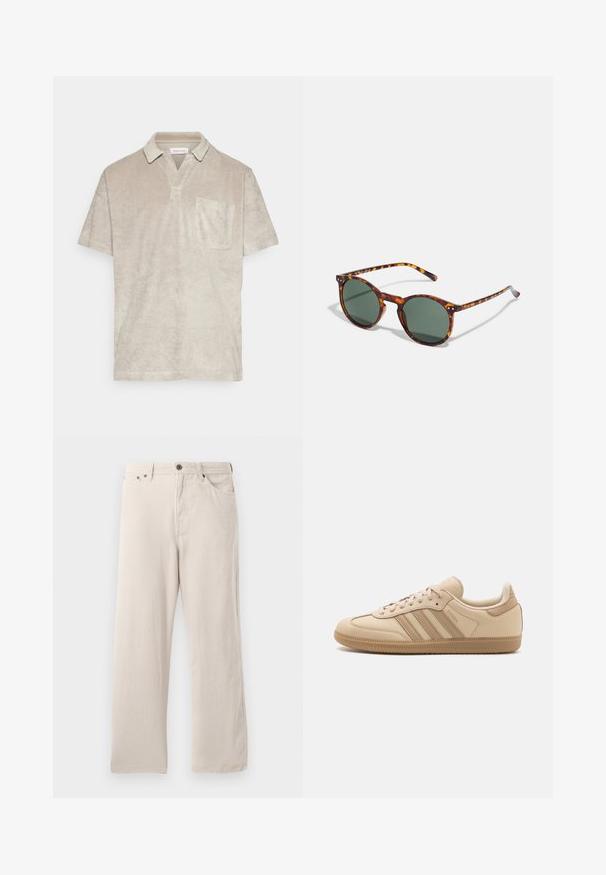 Beige kortermet polo-skjorte i myk, teksturert stoff, med krage og en enkelt brystlomme.; Beige kordfløyelsbukser med rett snitt, med ribbet tekstur, fem-lomme design og knappestolpe.; Beige lær Sneakers med tre vandrette striber, rund tå, flad brun gummisål og blødt stoffór på kraven og tungen.; Runde solbriller med et skilpaddemønster, grønne linser og tynde stel. Akkompagnert av metalldetaljer og strukturerte stenger.