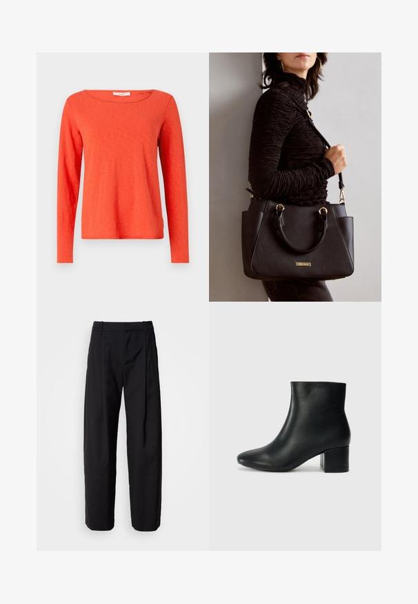 Long-sleeve top in bright orange cotton, features a rounded neckline and a straight cut, with a smooth texture and minimal detailing.; Black trousers with a relaxed fit, pleated front, and belt loops. Smooth fabric and straight legs, featuring side pockets.; Black leather ankle boots with a pointed toe and a chunky heel. Smooth texture with minimal accents and a sleek, fitted design.; Black handbag with textured surface, dual top handles, and adjustable shoulder strap. Features gold-tone hardware and side pockets.