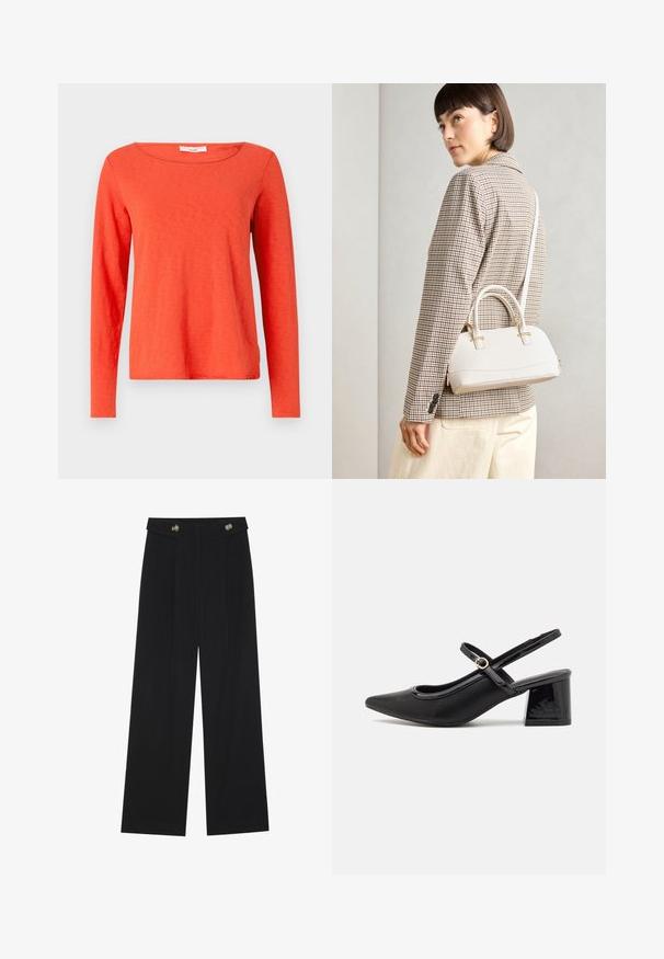 Langärmliges Oberteil aus leuchtend orangefarbenem Baumwollstoff, mit rundem Ausschnitt und geradem Schnitt, glatter Textur und minimaler Ausstattung.; Schwarze weite Hosen mit hoher Taille, Knopfdetails am Bund und vorderen Falten.; Schwarze Lackleder-Slingback-Absätze mit spitzer Zehenform, einem runden Ausschnitt-Design und einem Blockabsatz. Mit einem goldfarbenen Schnallenakzent.; Weiße strukturierte Handtasche mit kurzen Griffen und einem Schultergurt, ausgestattet mit goldfarbenen Hardware-Elementen und strukturiertem Material, vor einem grauen Hintergrund präsentiert.