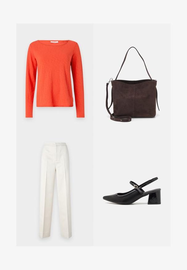 Pikad varrukad särgil erksas oranžis puuvillas, ümmargune kaelus ja sirge lõige, sile tekstuur ja minimaalne disain.; Kreemi värvi püksid, millel on kohandatud lõige, sirge jalg, sile kangas, esipleat ja puhas äär. Minimalistlik disain.; Mustad läikivad nahast slingback-kõrged kontsad, millel on terav nina, ümar lõikekujundus ja blokknina. Omab kuldset nupu aktsenti.; Pruun nubukist kott pehme tekstuuriga, millel on üks õlavarre rihm ja peene kumer ülemine ava. Nähtavaid metallosi pole.