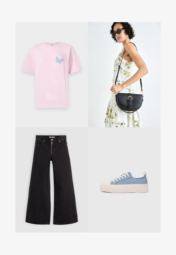 Rozā kokvilnas t-krekls ar brīvu piegriezumu, kuram kreisajā krūtīs ir zila tauriņu grafika. Īsas piedurknes un apaļa kakla izgriezums.; Platas kājas džinsi melnā džinsa audumā ar rāvējslēdzēju priekšā, piecu kabatu dizains un smalkas šuvju detaļas. Gluda tekstūra un ikdienišķs stils.; Gaiši zili kanvas sneakeri ar krēmkrāsas gumijas pirksta aizsargu un ārējo zoli, aprīkoti ar baltām šņorēm un cilpu uz papēža.; Melnas ādas rokassoma ar izliekta formu, noņemamu siksnu un zelta aksesuāriem. Somai ir vāciņš ar sprādzes detaļu.