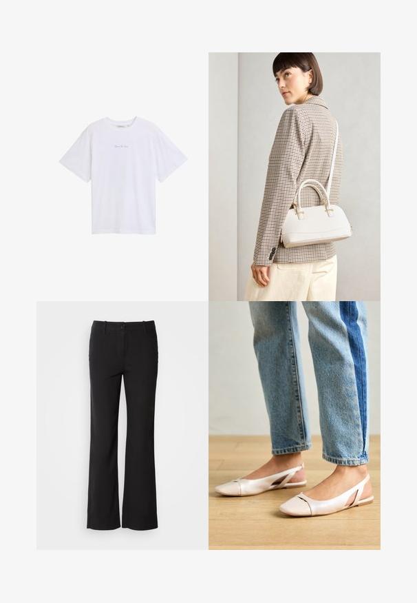 Balta īsām piedurknēm T-kreklā ar apaļu kaklu un nelielu zilu apdrukātu tekstu uz krūtīm. Izgatavots no mīkstas, vieglas auduma.; Melni kokvilnas auduma bikses ar taisnu kāju dizainu, priekšējo pogu aizdari un divām sānu kabatām. Gluda tekstūra, bez redzamām rakstu zīmēm.; Bālti rozā siksniņu dzīvokļi ar smailu purngalu, izgatavoti no gludas ādas līdzīgās materiāla. Iezīmē izgriezumu detaļas sānos un platu papēdi.; Balta strukturēta roku soma ar īsām rokturiem un plecu siksnu, ar zelta aparatūras akcentiem un strukturētu materiālu, izstādīta uz pelēka fona.