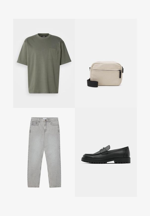 Olive green cotton t-shirt with a round neck, short sleeves, and a chest pocket featuring stitched detailing. Soft texture, casual design.; Light grey denim pants with a straight-leg design, five-pocket styling, and a button closure. Visible stitching along the seams.; Black leather loafers with a rounded toe, featuring a stitched design, low platform sole, and a textured, lugged rubber outsole.; Cream-colored corduroy crossbody bag with a black zipper, removable strap, and textured pattern. Features one main compartment and front pocket.