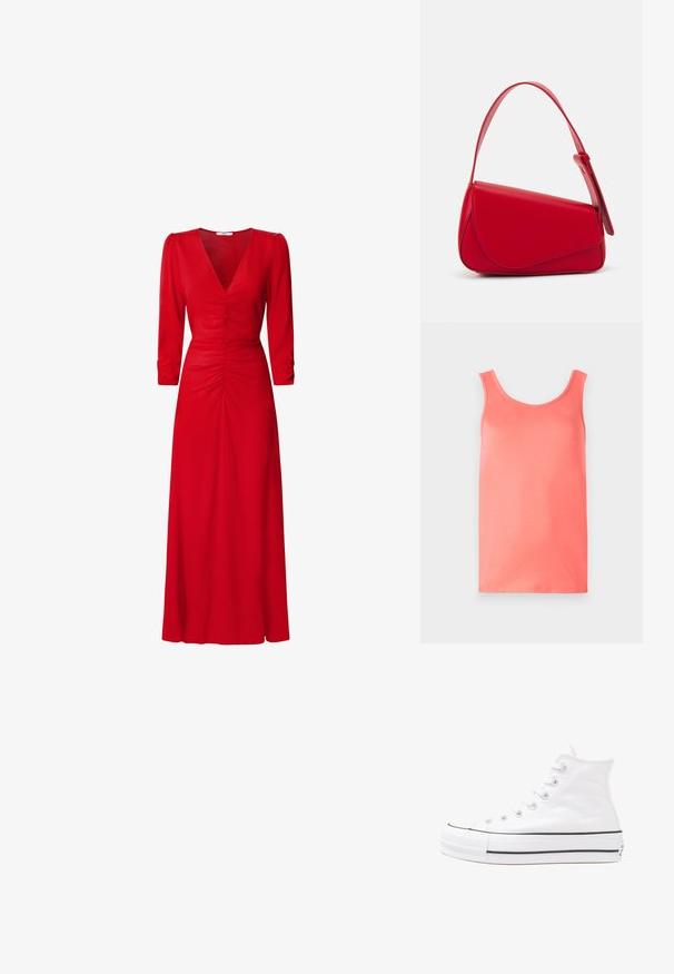 Koronkowy top w kolorze koralowym, wykonany z gładkiego materiału, z okrągłym dekoltem, szerokimi ramiączkami i prostym wykończeniem, bez wzorów czy akcentów.; Czerwona sukienka z dekoltem w kształcie litery V, rękawami 3/4 oraz marszczonymi detalami w pasie i na plecach. Tkanina wydaje się gładka i lekka.; Białe wysokie trampki z płótna z czarną gumową podeszwą, przednim czubkiem z gumy i sześcioma dziurkami na sznurowadła, charakteryzujące się prostym, minimalistycznym designem.; Czerwona skórzana torebka o kanciastym, geometrycznym designie. Posiada jedną regulowaną rączkę oraz zapięcie na klapę z przeszyciami.