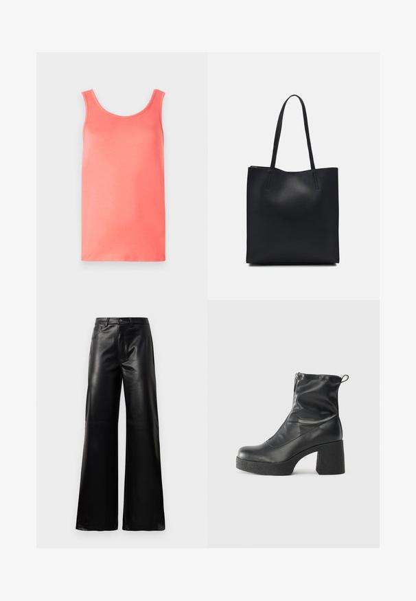 Koralna majica na naramnice iz gladkega blaga, z okroglim ovratnikom, širokimi naramnicami in ravnim robom, brez vzorcev ali okraskov.; Črne široke hlače iz umetnega usnja z visokim pasom, sprednjim gumbom, zadrgo, zanke za pas in stranskimi žepi na beli podlagi.; Črne gležnjarje iz gladke kože z božnim zadrgo, masivnim teksturiranim peto in zaobljeno obliko prstov.; Črna usnjena torba s svilnato teksturo, pravokotne oblike in dvema dolgima ročajema. Brez vidnih metalnih delov ali okrasnih elementov.
