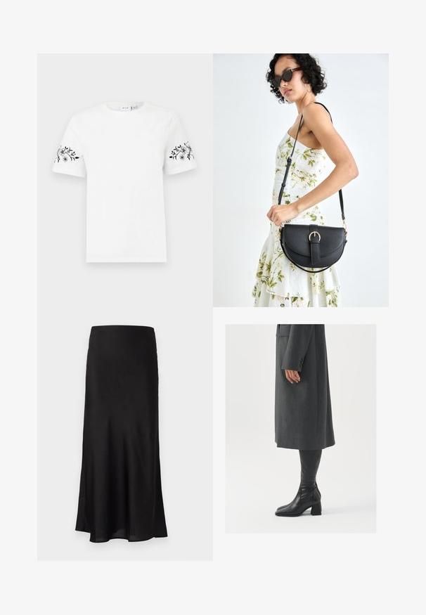 T-shirt branca em algodão com mangas curtas, com bordado floral preto nas bainhas e um decote redondo. Design simples e clássico.; Saia maxi de cetim preto com uma textura suave, forma ligeiramente recta e um brilho subtil. Sem acessórios ou adornos visíveis.; Casaco cinza, ajustado, com corte reto; combinado com botas de couro pretas até ao joelho, com biqueira quadrada e salto grosso.; Bolsa de couro preta com forma curva, alça destacável e detalhes em dourado. A bolsa possui uma aba com detalhe de fivela.
