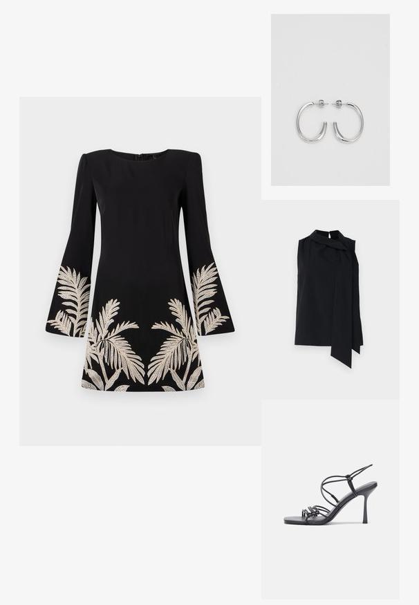Fekete ujjatlan blúz magas gallérral és elöl drapírozott megkötő részlettel. Simán eső anyag, laza fazon és oldalsó hasítékokkal az alján.; Fekete ruha bővülő ujjal, arany hímzett pálmalevelekkel a szegélyen és az ujjakon. Simító anyagból készült.; Fekete magas sarkú szandálok vékony pántokkal, csomózott mintával, sima négyzetes orral és karcsú stiletto sarkal rendelkeznek.; Világosszürke fémes kézitáska lánc pánttal, kis kör alakú fém kifinomult díszítéssel és háromszög alakú márkagéppel.; Ezüst karika fülbevalók sima, fényes felülettel. Lekerekített forma, könnyű kialakítással, tűs zárómechanizmussal.