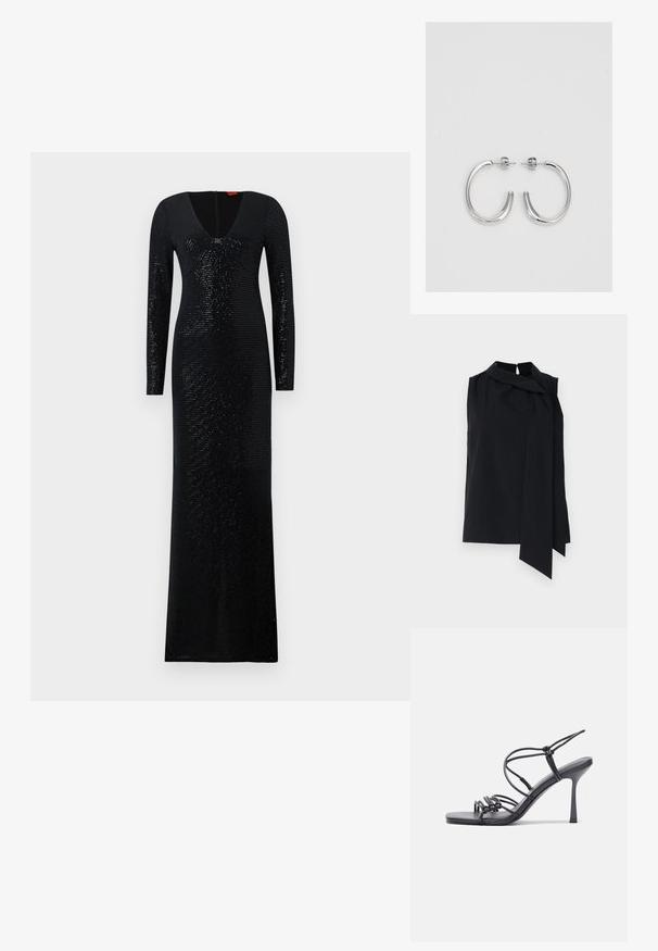 Fekete ujjatlan blúz magas gallérral és elöl drapírozott megkötő részlettel. Simán eső anyag, laza fazon és oldalsó hasítékokkal az alján.; Hosszú fekete ruha V-alakú nyakkivágással és hosszú ujjakkal. Strukturált anyagból készült, függőleges csíkokkal és csillogó flitterekkel az egész felületen.; Fekete magas sarkú szandálok vékony pántokkal, csomózott mintával, sima négyzetes orral és karcsú stiletto sarkal rendelkeznek.; Világosszürke fémes kézitáska lánc pánttal, kis kör alakú fém kifinomult díszítéssel és háromszög alakú márkagéppel.; Ezüst karika fülbevalók sima, fényes felülettel. Lekerekített forma, könnyű kialakítással, tűs zárómechanizmussal.