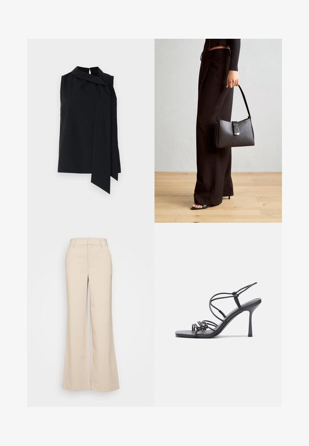 Juoda be rankovių bluzonė su aukšta apykakle ir priekiniais drapiruotais raiščiais. Lygus audinys, laisvas kirpimas ir šonuose yra įpjovimai hemline.; Bežiniai plačios kojos kelnes su lygiu paviršiumi, turinčios aukštą liemenį ir dvi priekinės kišenes. Švarus dizainas su pritaikytu siluetu.; Juodos aukštakulnės sandalai pasižymi plonyčiais dirželiais su mazgo dizainu, lygiu kvadratiniu pirštu ir elegantišku stiletto kulnu.; Juodas rankinė struktūrizuota forma, lygi tekstūra ir metalinis užsegimas. Suporuota su plačiomis juodomis kelnėmis ir atvirais bateliais ant medinių grindų.; Sidabrinės auskarai žiedai su lygiu, blizgiu paviršiumi. Suapvalinta forma, lengvas dizainas, su uždarymu ant smeigtuko.