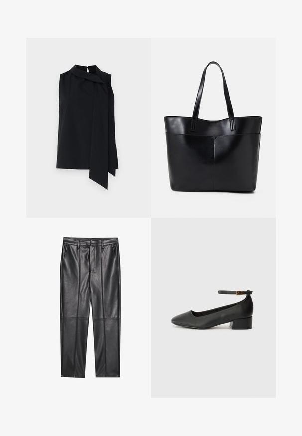Black sleeveless blouse with a high collar and a front draped tie detail. Smooth fabric with a relaxed fit and side slits at the hem.; Black leather trousers with a smooth texture, featuring a straight fit, two front pockets, and visible seam detailing.; Black leather pump with a pointed toe and a low block heel. Features an ankle strap with a gold-tone buckle. Smooth texture.; Black leather tote bag with two long handles, a smooth texture, and a structured shape. Features a front pocket for additional storage.