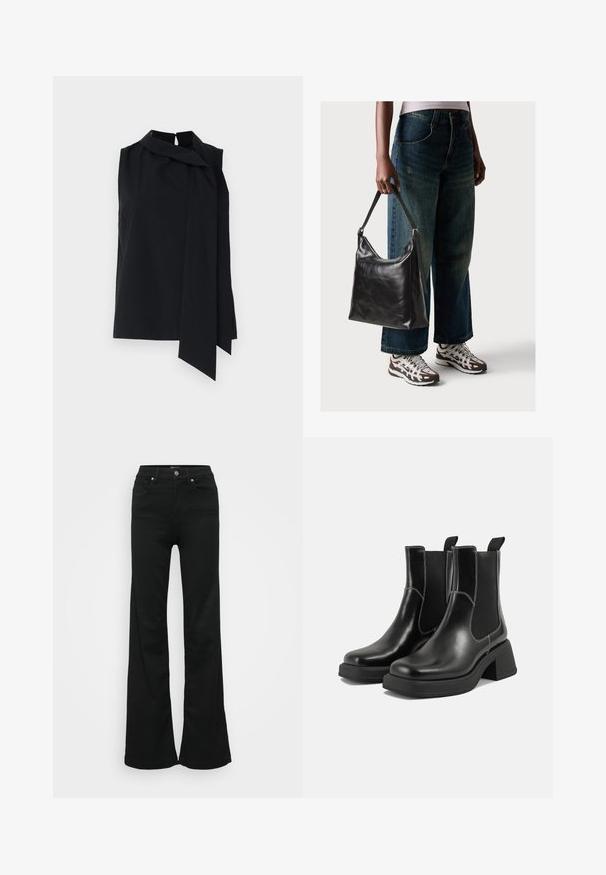 Blusa negra sin mangas con un cuello alto y un detalle de lazo drapeado en la parte frontal. Tejido suave con un corte holgado y aberturas laterales en el dobladillo.; Pantalones vaqueros negros acampanados de mezclilla, con cintura alta, cinco bolsillos y cierre de botón metálico. Textura suave con un detalle mínimo.; Botas Chelsea de cuero negro con tacón grueso, paneles laterales elásticos y costuras en blanco que contrastan. Acabado texturizado.; Bolso de hombro de cuero negro con una textura suave y correa ajustable, combinado con jeans de pierna ancha desgatados y zapatillas deportivas.