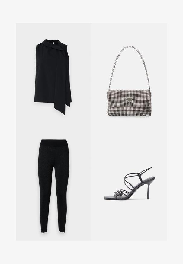 Blusa negra sin mangas con un cuello alto y un detalle de lazo drapeado en la parte frontal. Tejido suave con un corte holgado y aberturas laterales en el dobladillo.; Leggings negros con una cinturilla acanalada, hechos de una tela texturizada con un sutil brillo metálico, que cuentan con cremalleras en los dobladillos de los tobillos.; Las sandalias negras de tacón alto presentan finas correas con un diseño anudado, una punta cuadrada suave y un elegante tacón de aguja.; Bolso de mano metálico gris claro con una cadena como asa, adornado con pequeños remaches metálicos circulares y un logotipo de marca en forma triangular.; Aros de plata en forma de aro con un acabado liso y brillante. Diseño redondeado y ligero, con cierre de tipo post-back.