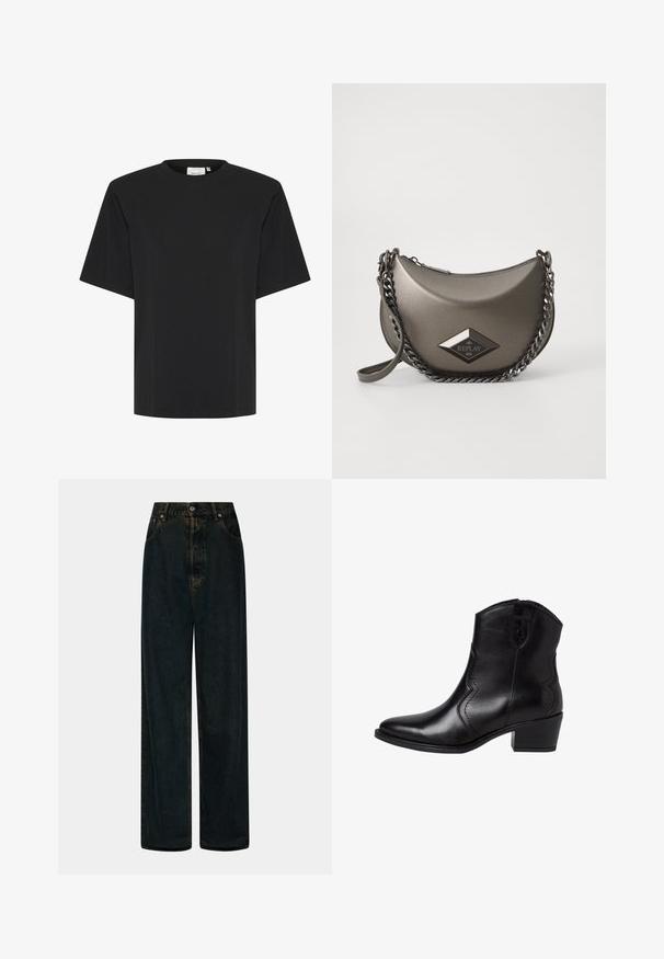 Černé tričko s krátkým rukávem a kulatým výstřihem, vyrobené z měkké, hladké látky, s volnějším střihem a bez viditelných vzorů nebo akcentů.; Tmavě modré džíny s vysokým pasem a širokými nohavicemi, se zapínáním na předním díle pomocí knoflíku a zipu, poutky na opasek a předními kapsami.; Černé kožené kotníkové boty s špičatou špicí, zakřivenými bočními švy a nízkým blokovým podpatkem. Mají zipové uzavření a hladký povrch.; Kovově šedá crossbody taška s poloměsíčním tvarem, obohacená o řetízkový popruh a nášivku s diamantovým logem. Hladký povrch a zipové zapínání.
