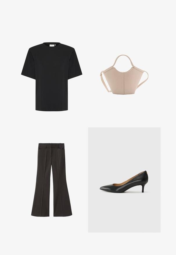 Tricou negru cu mânecă scurtă și guler rotund, fabricat dintr-un material moale și neted, având o croială lejeră și fără modele sau accente vizibile.; Pantaloni evazați negri, cu talie înaltă; au două buzunare frontale și o textură de stofă netedă. Potriviți pentru diverse ocazii.; Pantofii din piele neagră au vârful ascuțit, toc mic și o textură netedă. Au o deschidere ușoară în față și un hardware minim în spate.; Geantă de mână bej din piele cu o formă unică, dotată cu două mânere scurte și o curea lungă ajustabilă. Textură netedă, cu hardware minim.