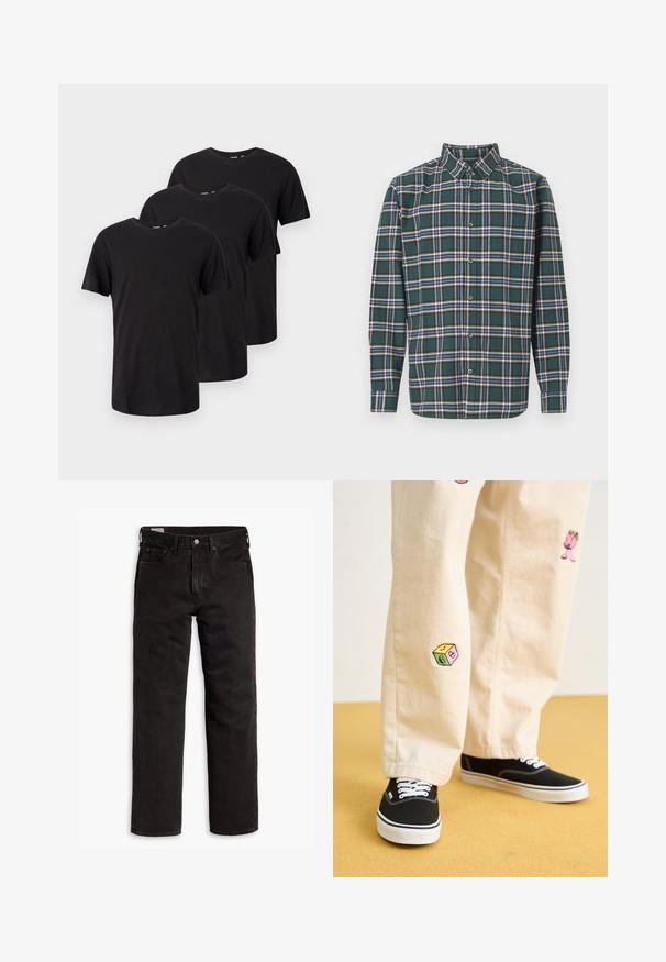Three plain black short-sleeve crew neck t-shirts, arranged in a staggered overlapping layout on a white background.; Green flannel shirt with a plaid pattern featuring blue, white, and mustard yellow lines. Buttoned front and pointed collar. Long sleeves.; Black denim jeans with a straight leg cut, featuring a zipper fly, front pockets, and a classic five-pocket design. Soft, sturdy texture.; Beige cotton pants with playful embroidered designs including a pink character and colored block, paired with black lace-up sneakers.