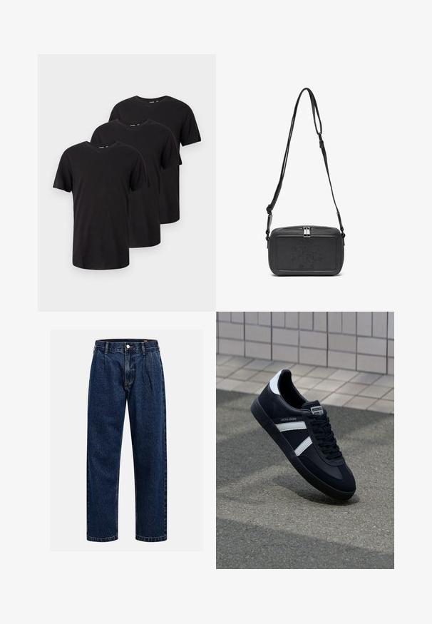 Tre t-shirt nere a manica corta con scollo rotondo, disposte in un layout sovrapposto sfalsato su uno sfondo bianco.; Jeans in denim blu scuro con design a gamba dritta. Presentano cuciture visibili, una chiusura con bottone e pieghe frontali per un tocco di dettaglio in più.; Sneaker neri in pelle con strisce bianche, suola in gomma texturizzata e allacciatura frontale. Presenta un'etichetta con il marchio sulla linguetta.; Borsa a tracolla nera in pelle con chiusura zip, logo impresso sul davanti e tracolla regolabile. Texture liscia con forma rettangolare.