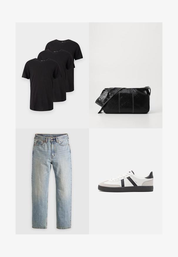 Tre t-shirt nere a manica corta con scollo rotondo, disposte in un layout sovrapposto sfalsato su uno sfondo bianco.; Jeans in denim azzurro chiaro con vita alta, bottone anteriore, cerniera e design a cinque tasche, adagiati su uno sfondo neutro.; Sneaker bianco con accenti neri e grigi, dotata di una punta grigia testurizzata, suola in gomma nera e lacci bianchi piatti. Design pulito, stile minimalista.; Borsa a spalla in pelle nera con chiusura a zip, caratterizzata da un corpo testurizzato, cuciture bianche e una tracolla con occhielli in argento.