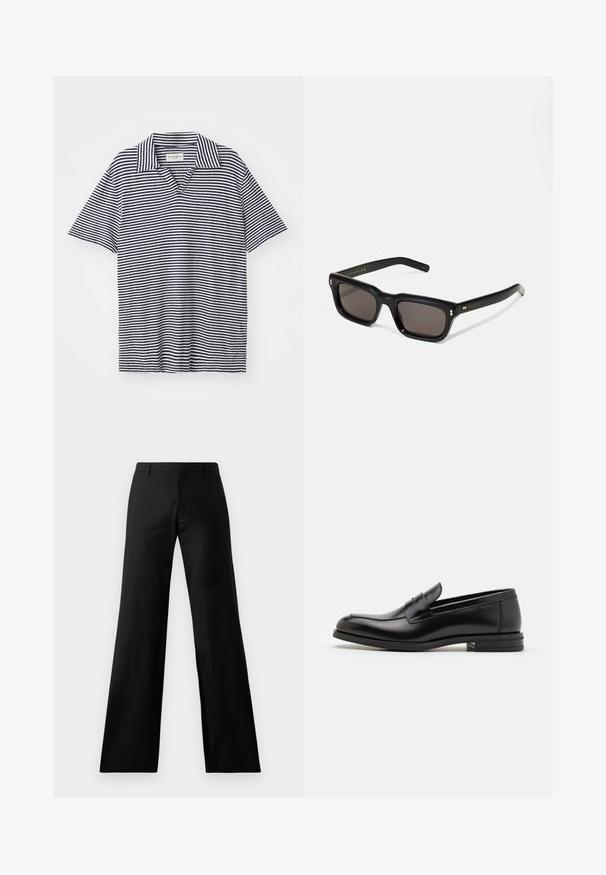 Striped polo shirt with a V-neckline, featuring navy blue and white horizontal stripes, short sleeves, and a soft, lightweight fabric.; Black wide-leg trousers made from a smooth fabric. Features a mid-rise waistband and front pleats, offering a tailored silhouette.; Black leather loafers with a smooth texture, rounded toe, and a decorative strap across the vamp. Low stacked heel, minimalist design.; Black rectangular sunglasses with dark lenses, thick plastic frame, gold accents on temples, and brand logo engraved on the arm.